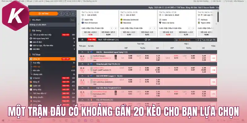 Một trận đấu có khoảng gần 20 kèo cho bạn lựa chọn